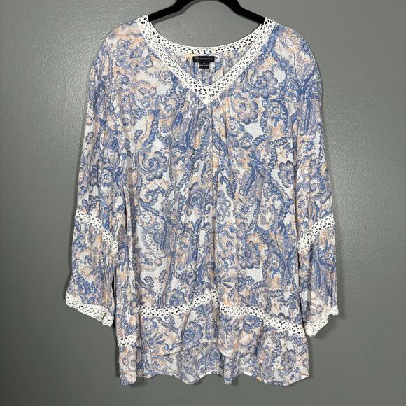 New Directions Women's Blue Paisley Crochet Trim Top - Size XL - Boho Peasant - Picture 1 of 6